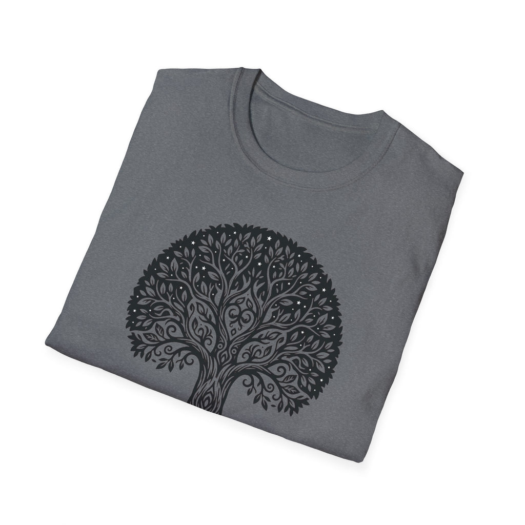 Graphite Tree of Life T-shirt, botanical mandala print on dark gray tee