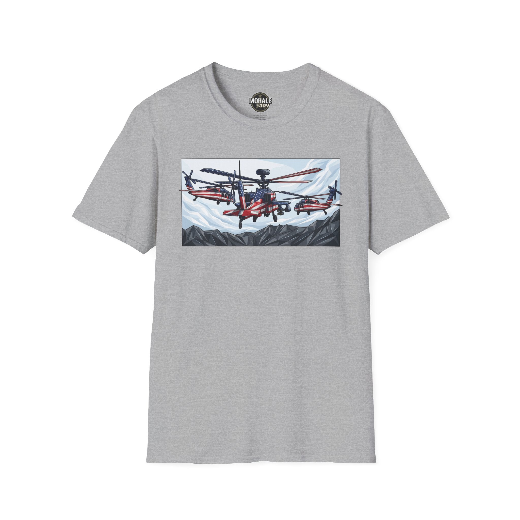 Light gray T-shirt with attack helicopter graphic on chest
