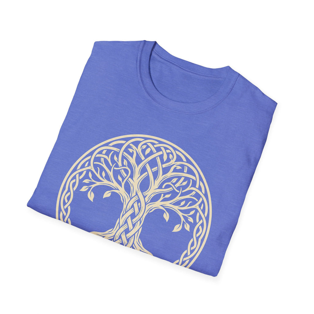 Purple T-shirt with gold Celtic tree of life knotwork circle graphic