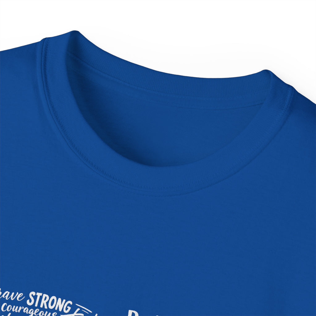 Life word cloud tee in royal blue, close-up of crew neck and motivational typography