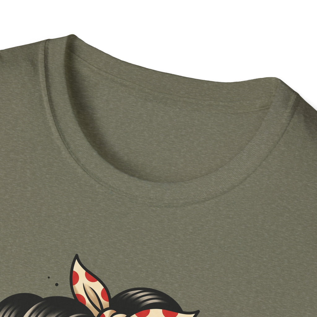 Military green T-shirt crew neck close-up