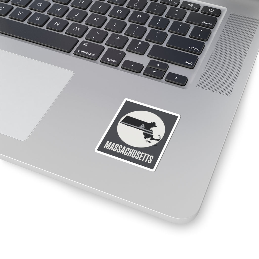 Square sticker with black Massachusetts silhouette and sailboat graphic