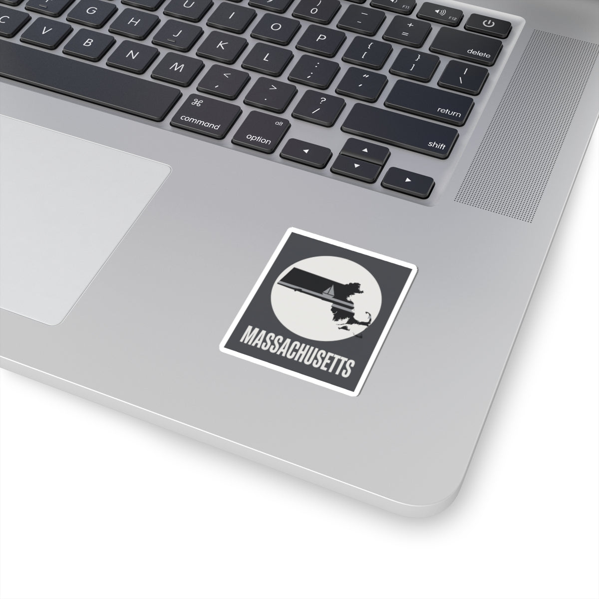 Square sticker with black Massachusetts silhouette and sailboat graphic