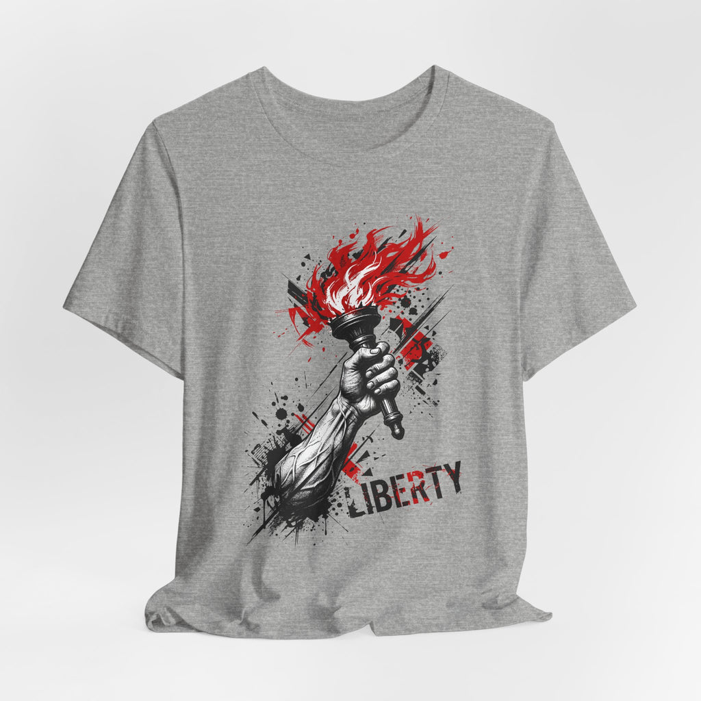 Heather gray graphic t-shirt with red flame torch statue print and Liberty