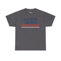 Dark gray crewneck T-shirt with blue and red “HIGH SPEED LOW DRAG SO-SO STANDARDS” print