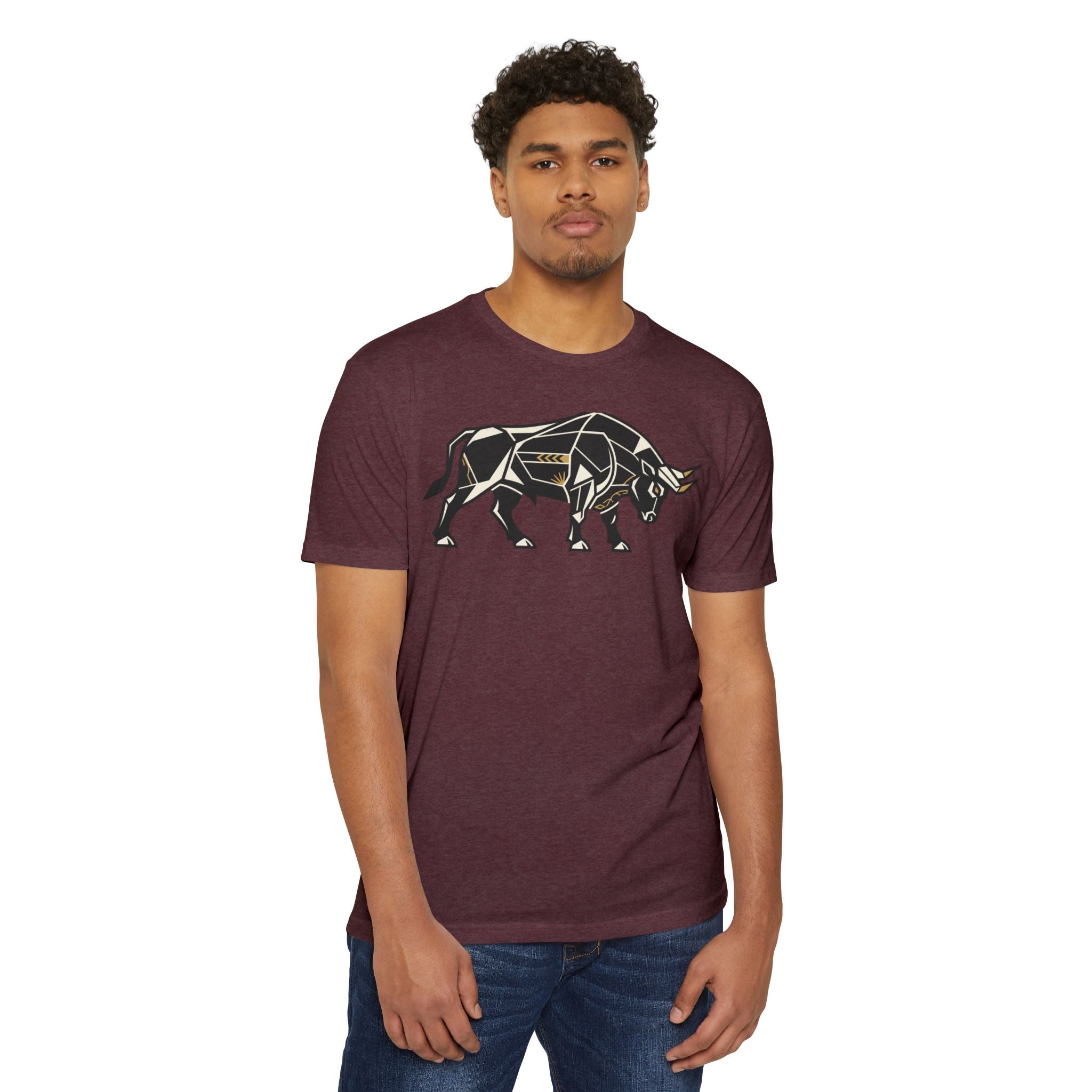 Dark maroon bull graphic T-shirt with geometric charging bull print, crew neck