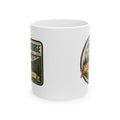 White ceramic coffee mug with retro park badge graphic on the side
