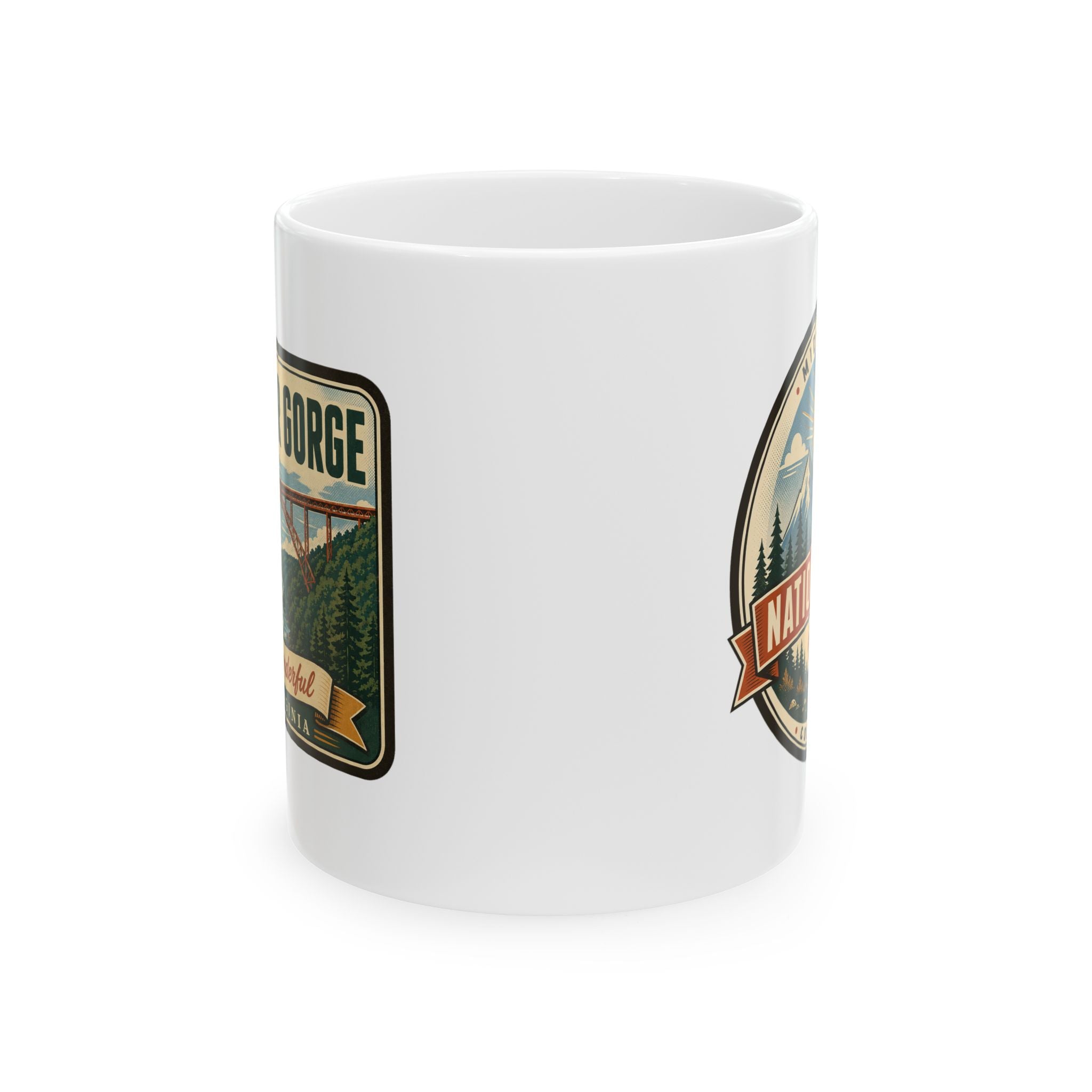 White ceramic coffee mug with retro park badge graphic on the side