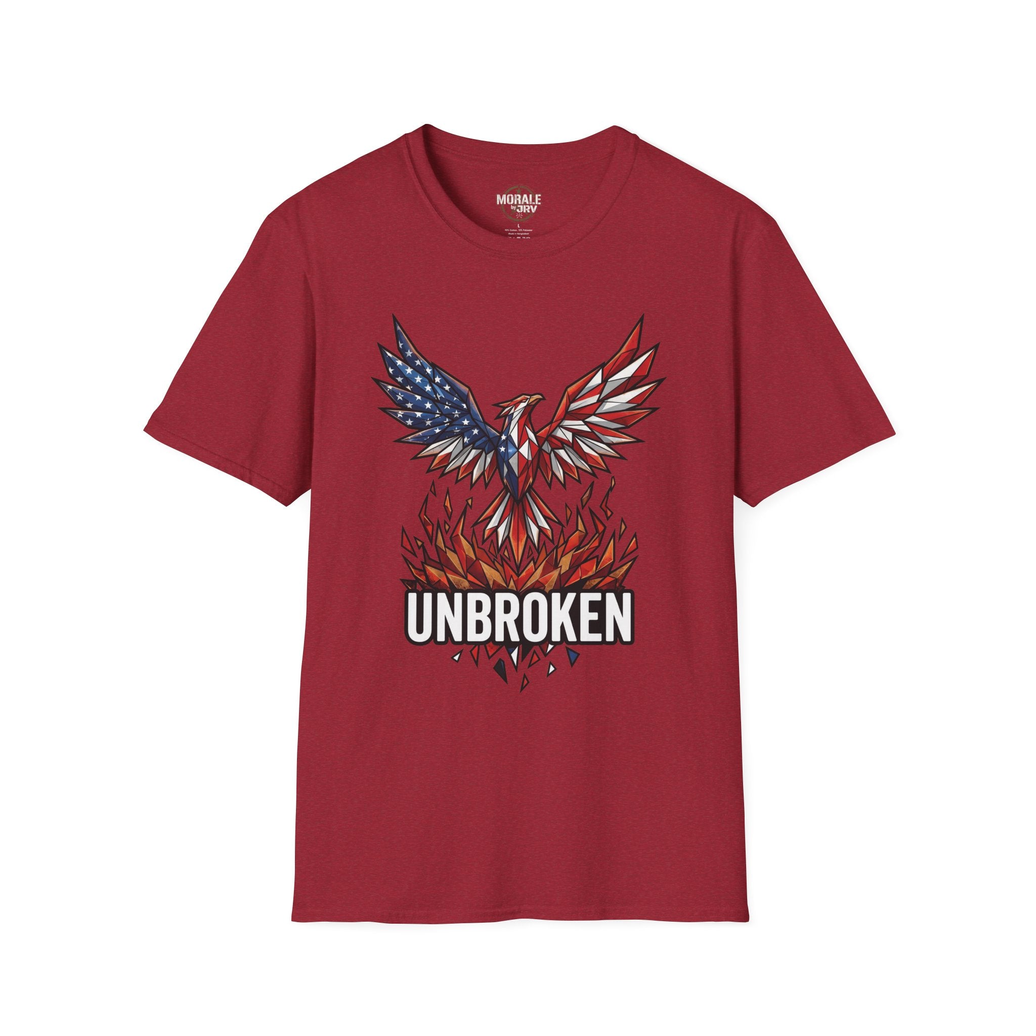 Antique cherry red T-shirt with "UNBROKEN" eagle phoenix graphic and American flag wings