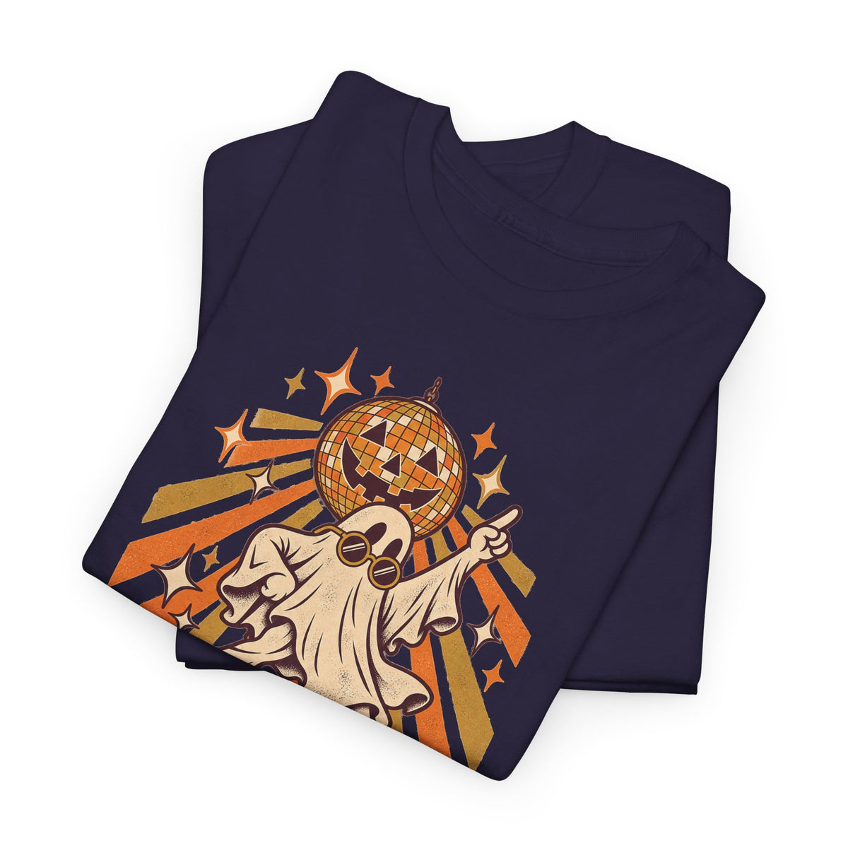 Purple Halloween graphic T-shirt with dancing ghost and disco ball artwork