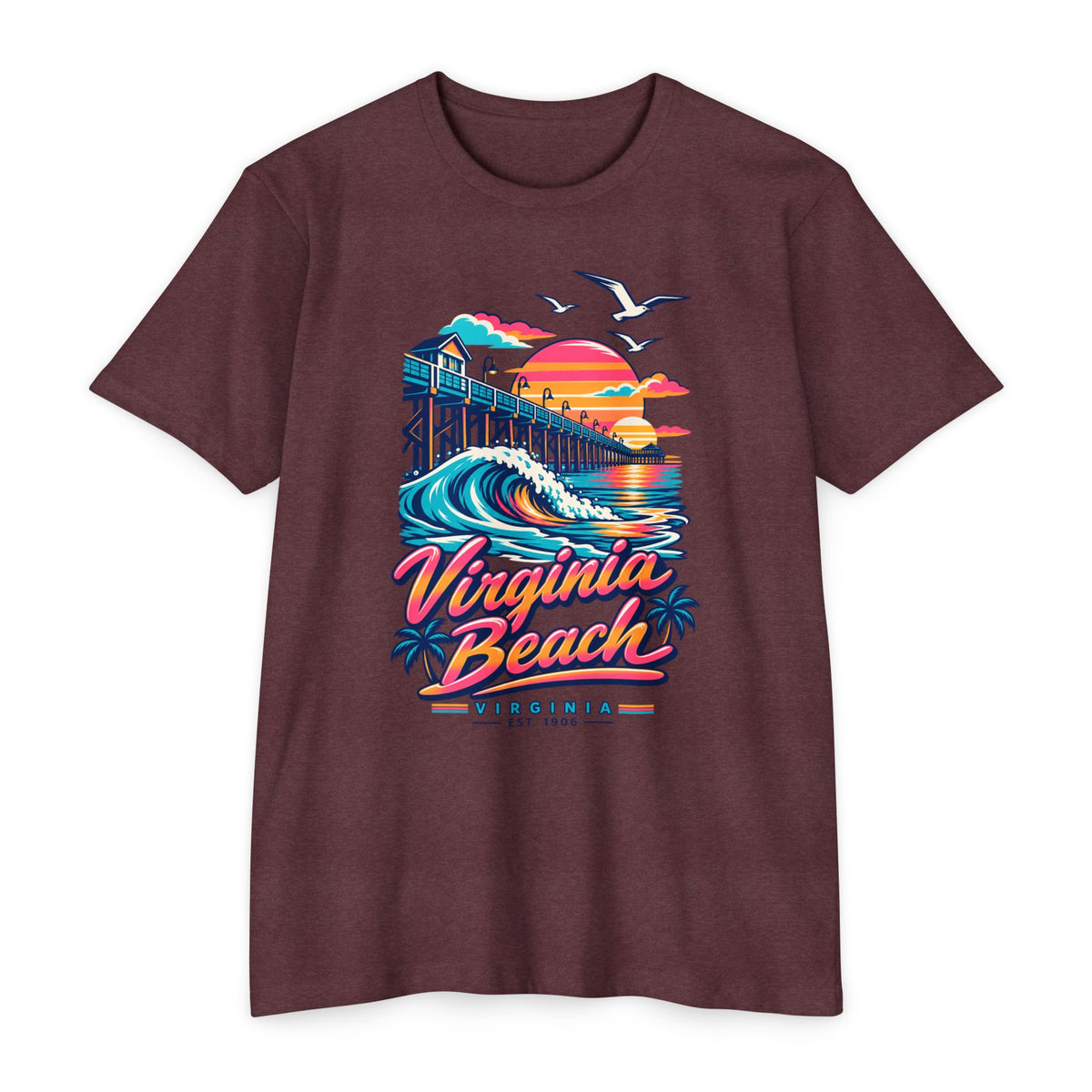 Burgundy t-shirt with colorful Virginia Beach pier wave graphic and seagulls