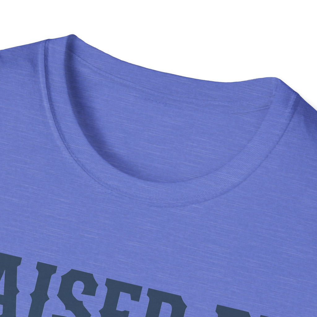 Light blue crewneck T-shirt close-up showing neckline and heather-like texture