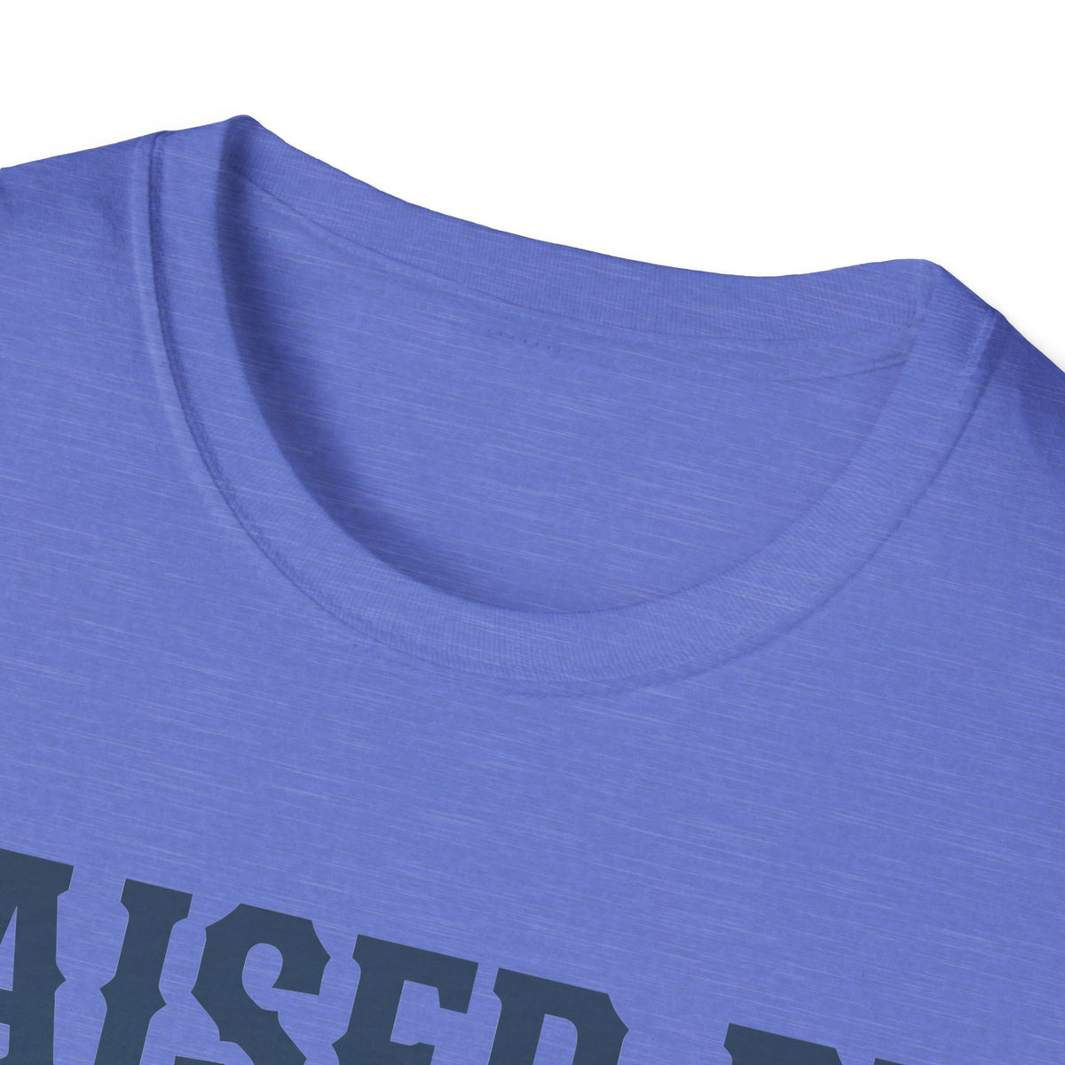 Light blue crewneck T-shirt close-up showing neckline and heather-like texture