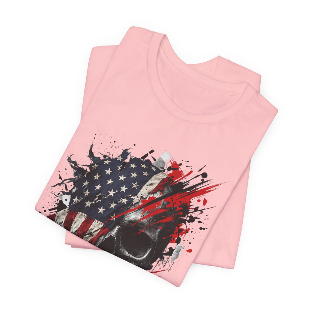 Light pink crewneck T-shirt with American flag skull graphic and red/black splatter