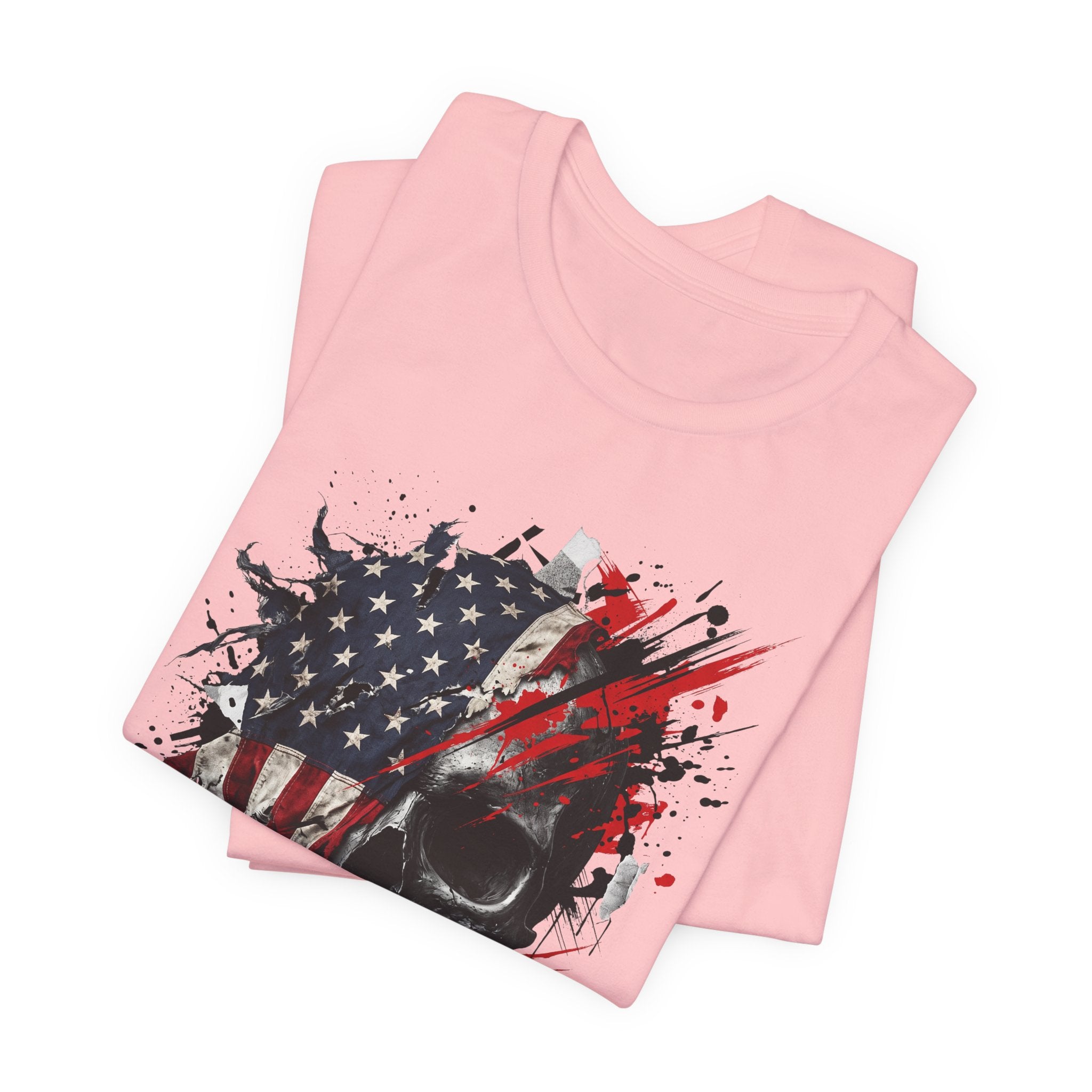 Light pink crewneck T-shirt with American flag skull graphic and red/black splatter
