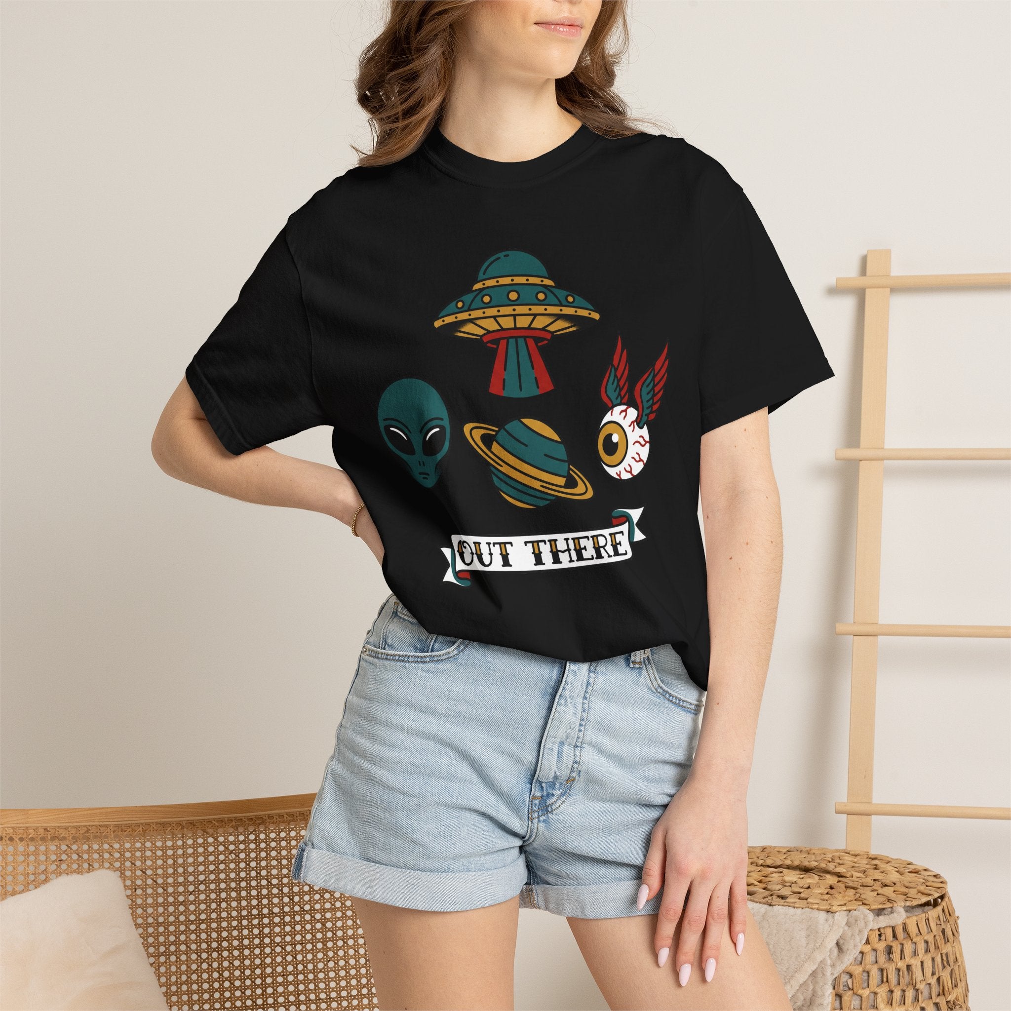 Black T-shirt with alien, UFO, cat graphic and 'OUT THERE' text