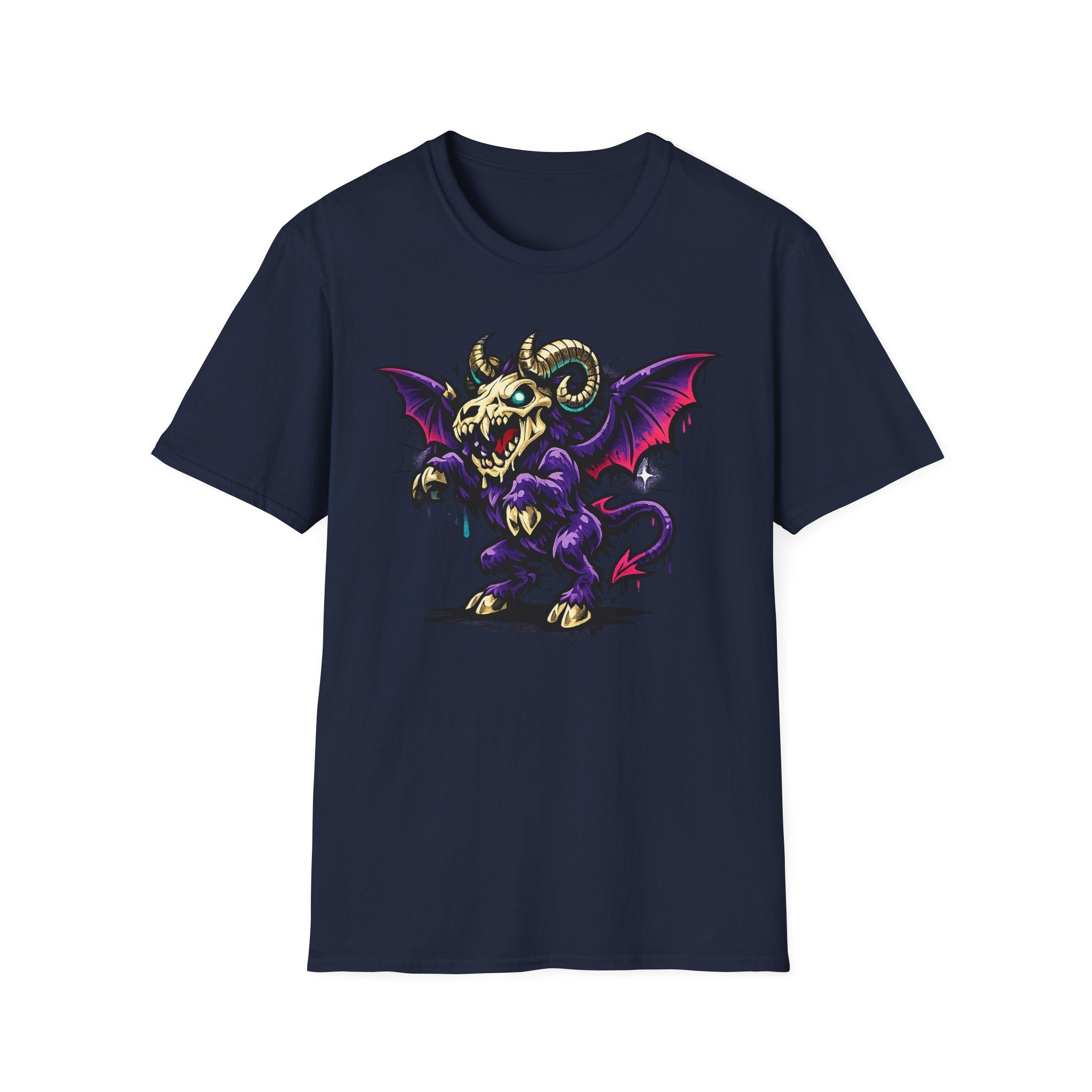 Navy graphic monster T-shirt with purple bat-winged skull ram front print
