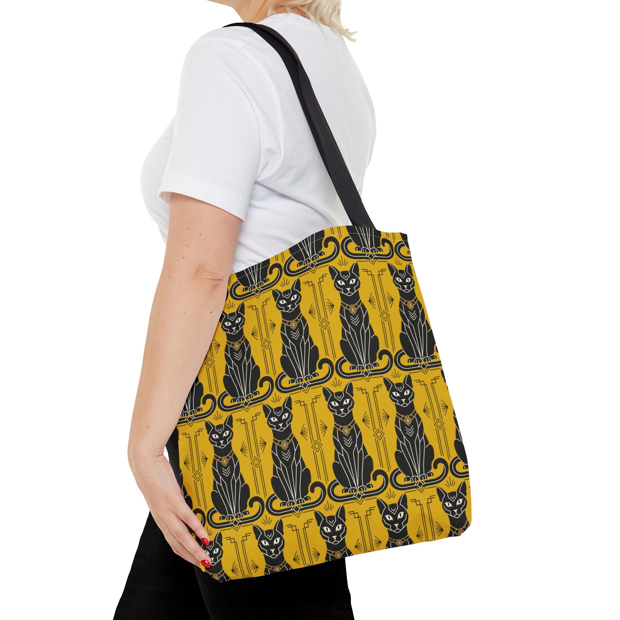 Yellow tote bag with black Art Nouveau cat pattern and black shoulder straps