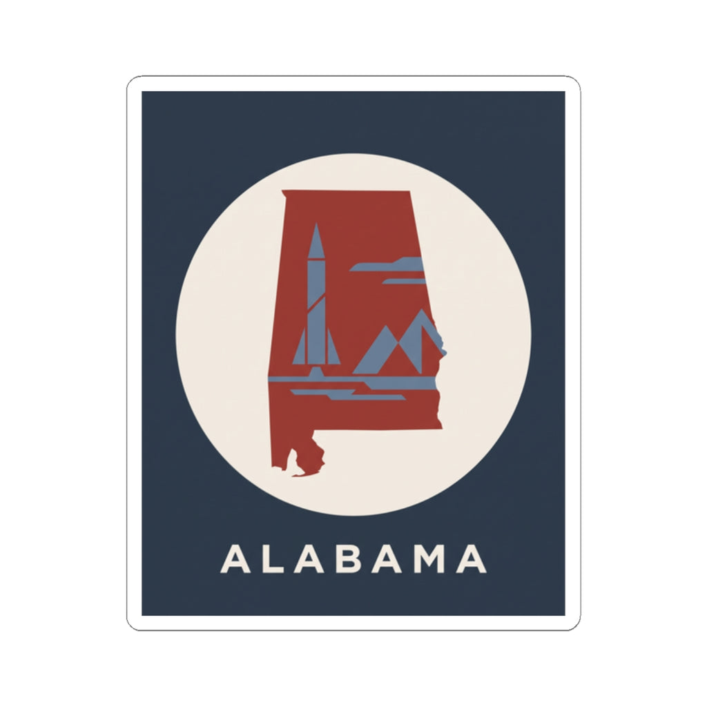 Square kiss-cut Alabama sticker with red state landmark inside a white circle on navy