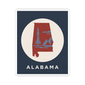 Square kiss-cut Alabama sticker with red state landmark inside a white circle on navy