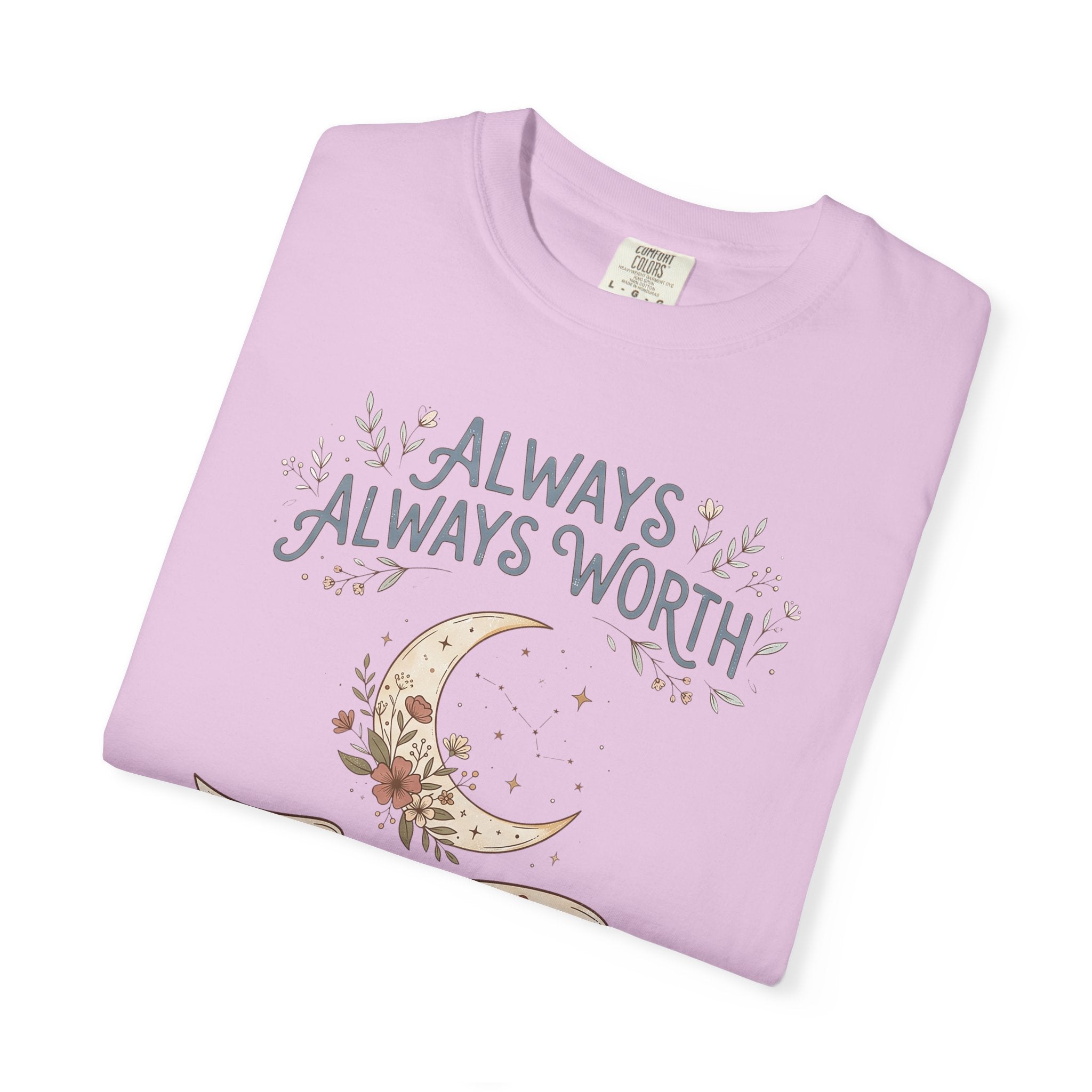 Lilac T-shirt with moon, wreath accents, and 'Always Worth the Wait' text