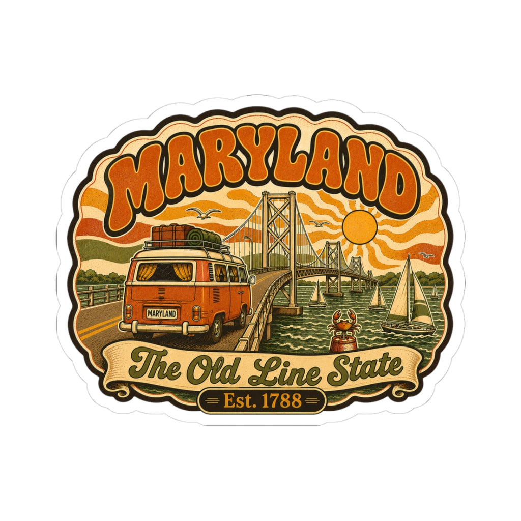 Maryland retro van and bridge kiss-cut sticker with orange and yellow vintage artwork