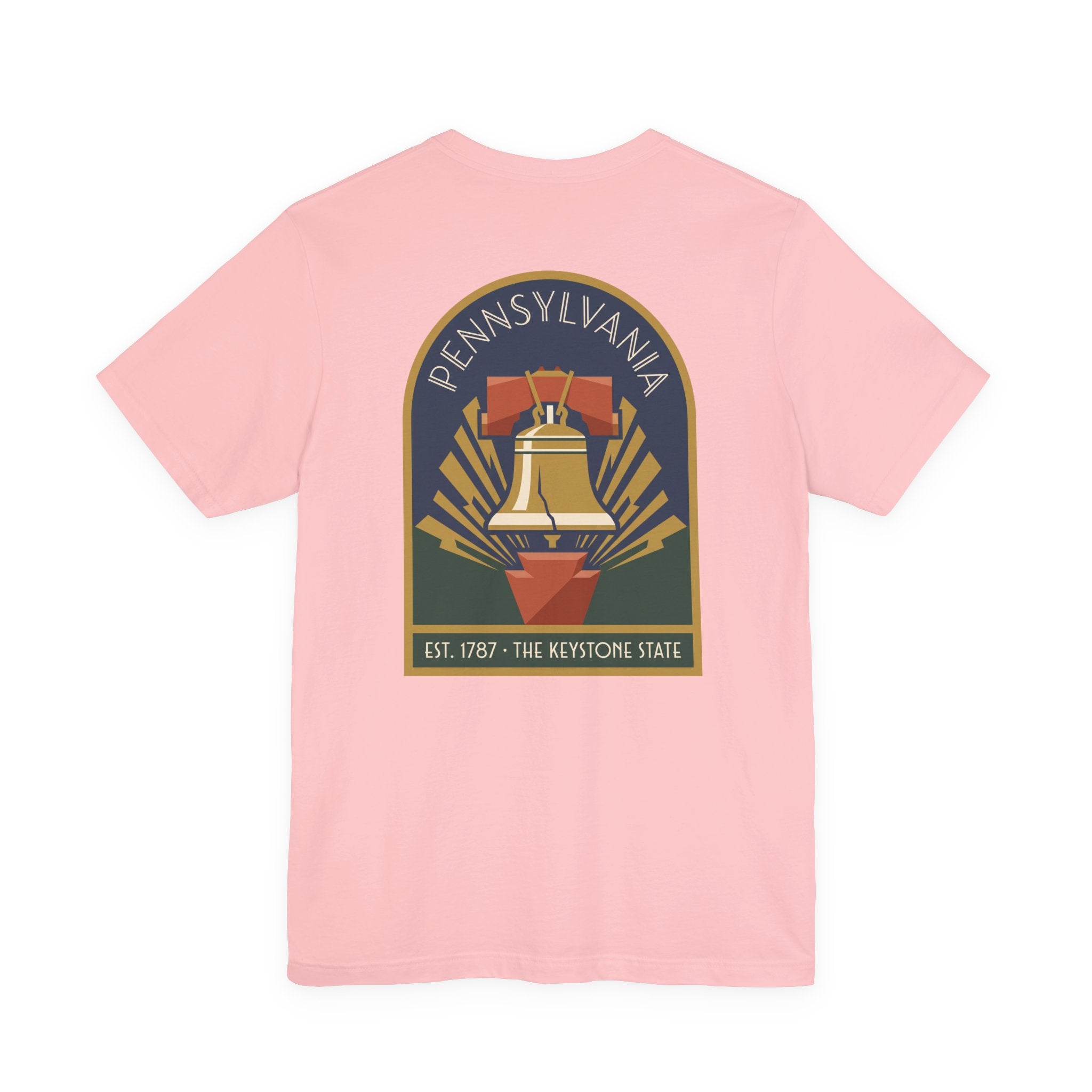 Pink T-shirt with large Art Deco-style Pennsylvania Liberty Bell graphic on front.