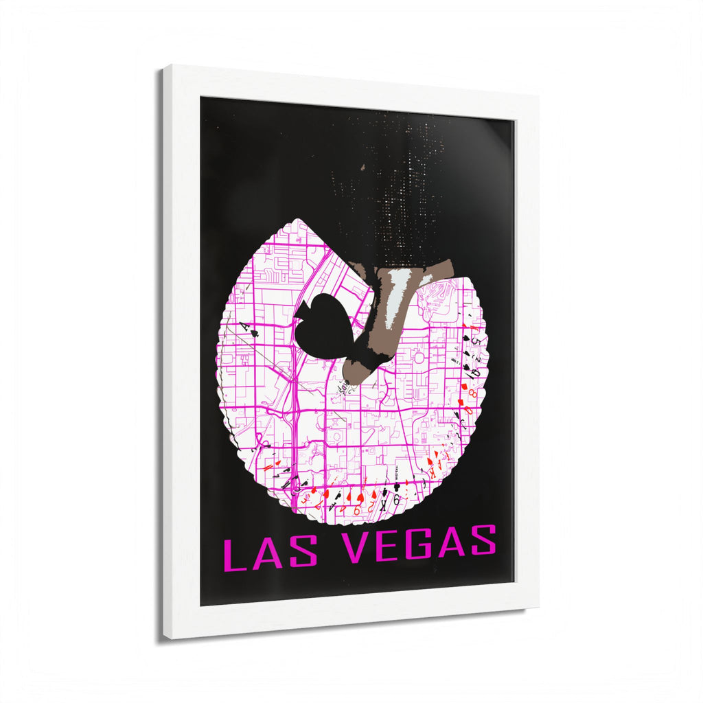 Las Vegas Pinup-Poster: weißer Rahmen, Kartenform mit Silhouette, Magenta „LAS VEGAS“