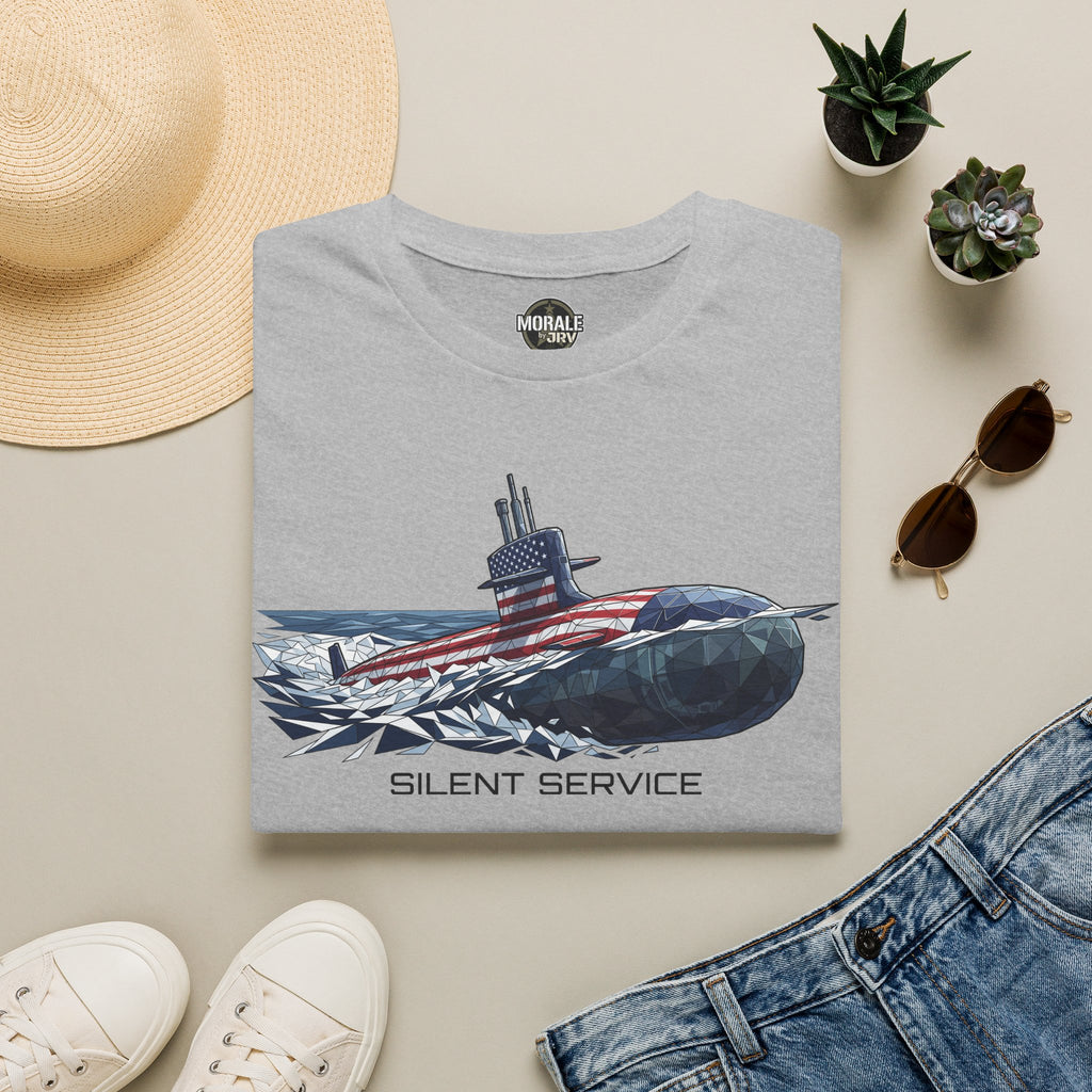 Light gray t-shirt with submarine and American flag graphic, “SILENT SERVICE” print on chest.