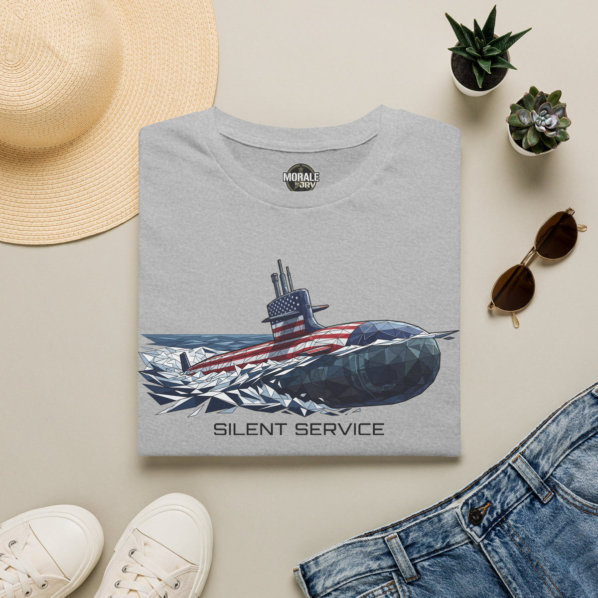 Light gray t-shirt with submarine and American flag graphic, “SILENT SERVICE” print on chest.