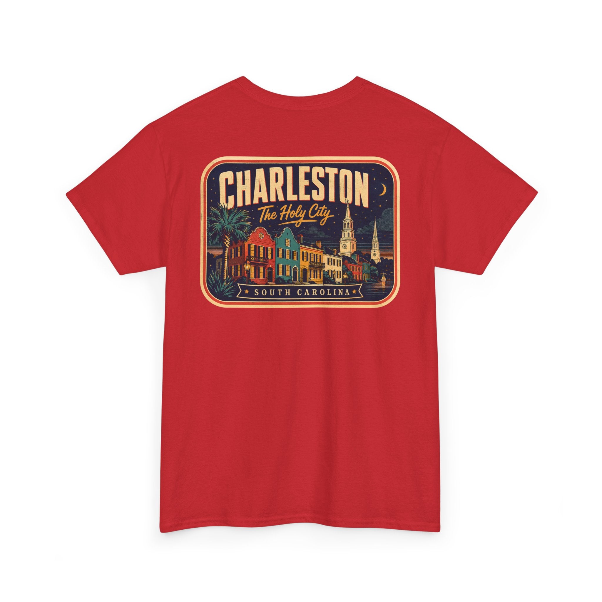 Red T-shirt with round Charleston city badge graphic on chest