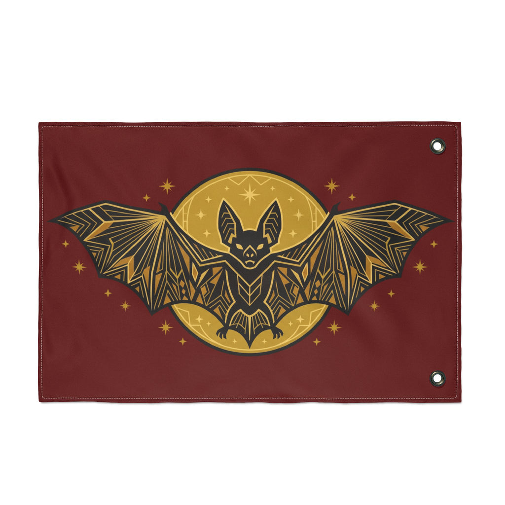 Burgundy geometric bat moon flag with gold bat and moon, metal grommets at corners
