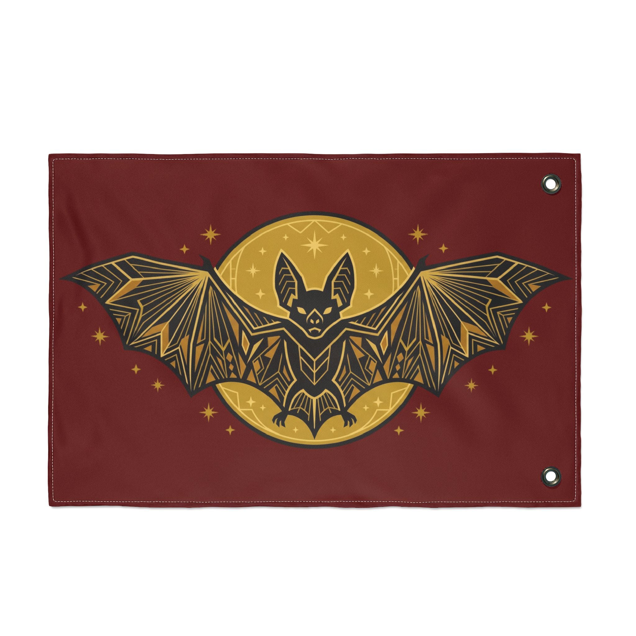 Burgundy geometric bat moon flag with gold bat and moon, metal grommets at corners