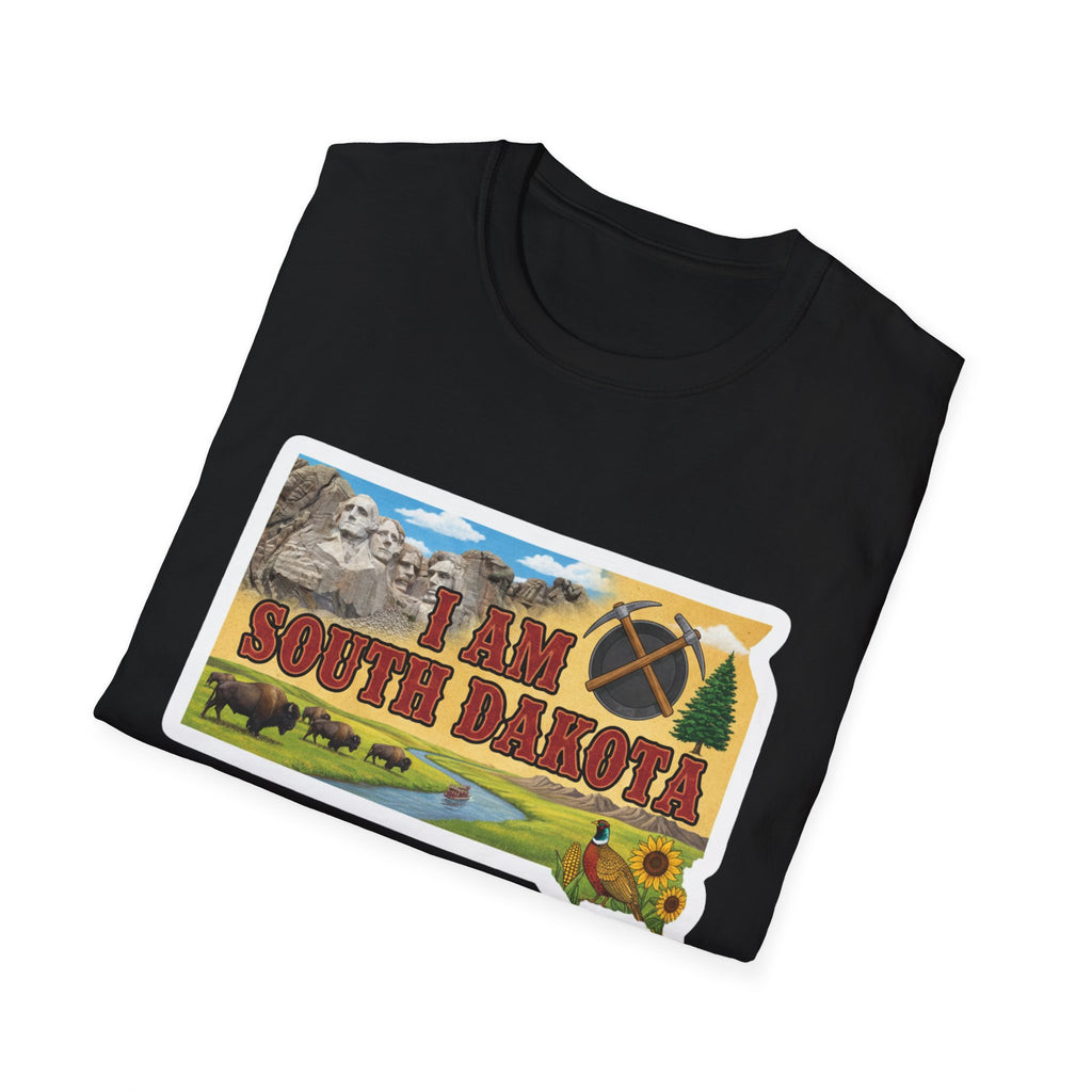 Black I Am South Dakota T-shirt with landscape graphic, text and wagon wheel