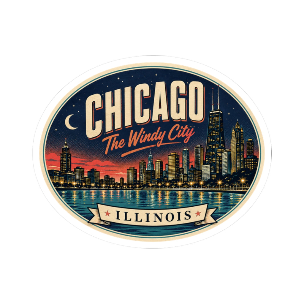 Round Chicago Illinois luggage tag sticker, Windy City skyline art with Chicago Illinois text