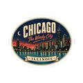 Round Chicago Illinois luggage tag sticker, Windy City skyline art with Chicago Illinois text