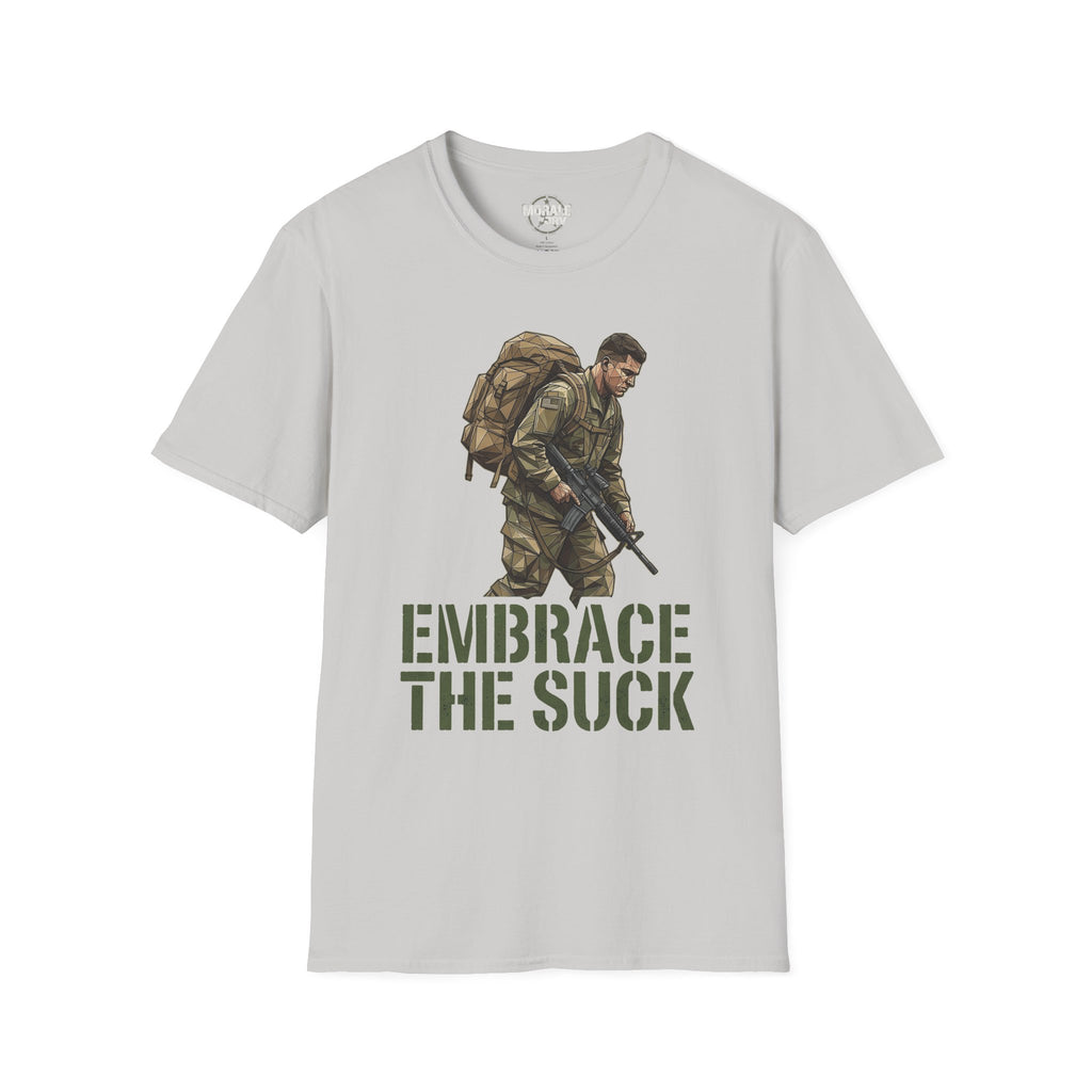 Hellgraues T-Shirt mit Soldat-Illustration und Schriftzug „EMBRACE THE SUCK“