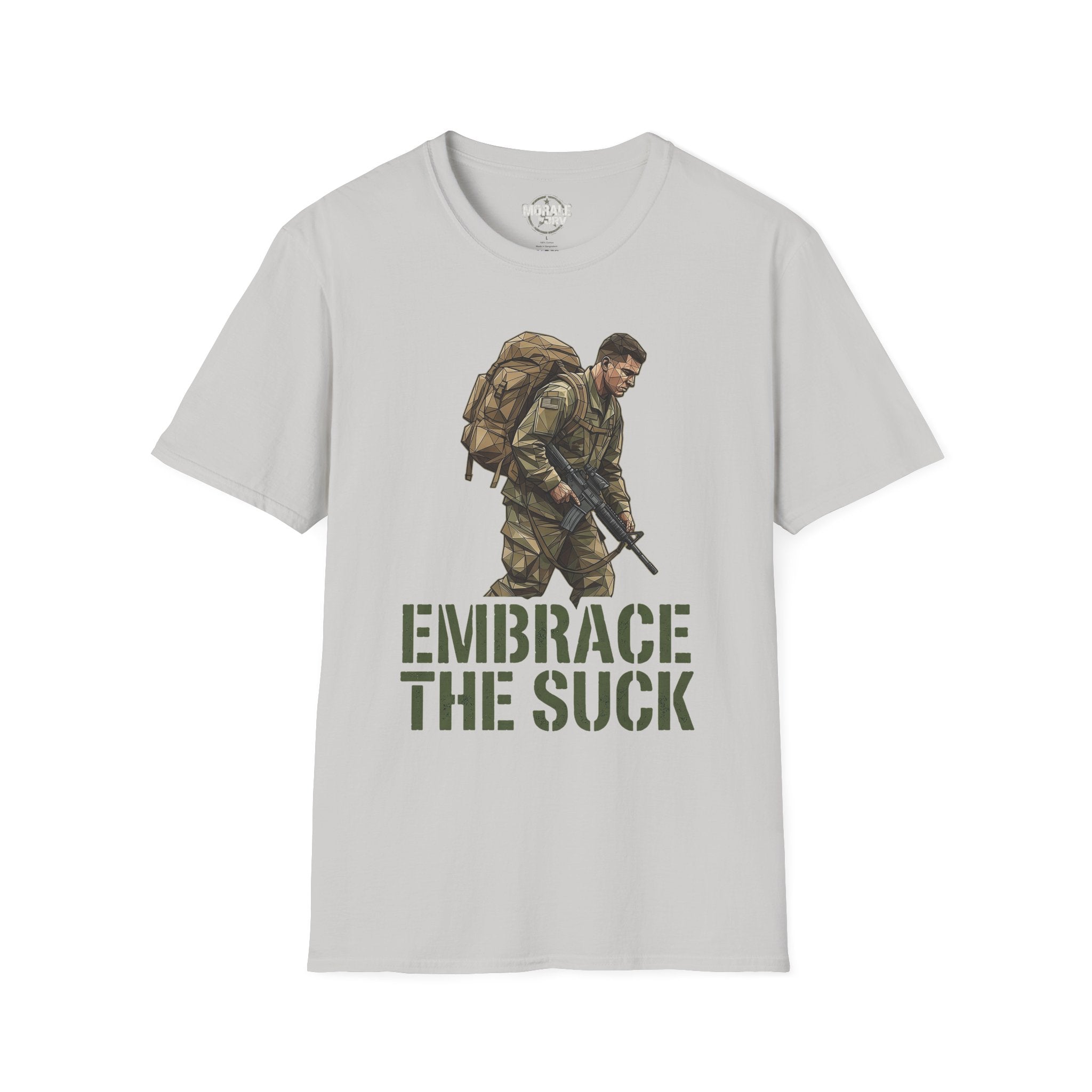 Hellgraues T-Shirt mit Soldat-Illustration und Schriftzug „EMBRACE THE SUCK“