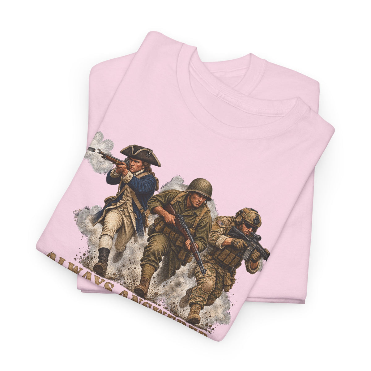 Light pink crewneck T-shirt with patriotic soldier graphic print on front