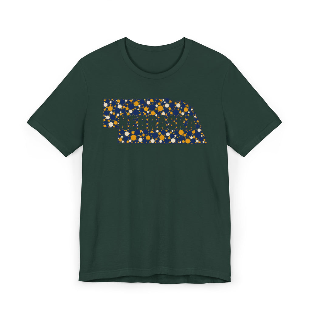 Dark green tee with floral Nebraska outline graphic and NEBRASKA text