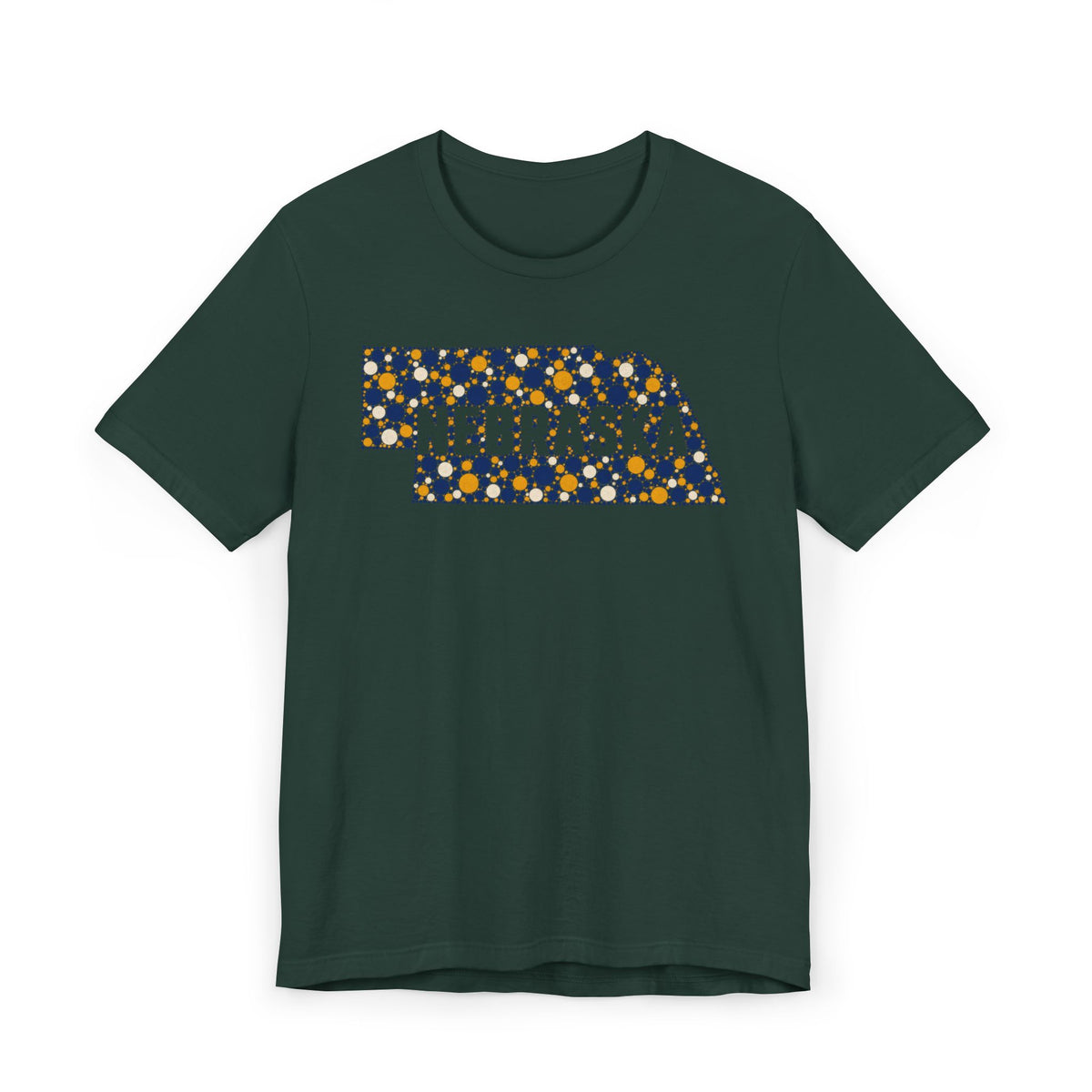 Dark green tee with floral Nebraska outline graphic and NEBRASKA text
