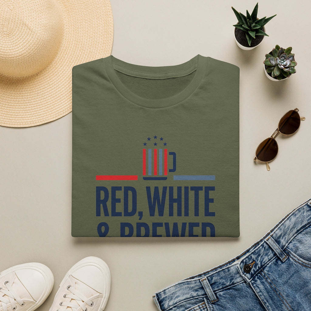Olive T-shirt with patriotic graphic and text RED, WHITE & BREWED
