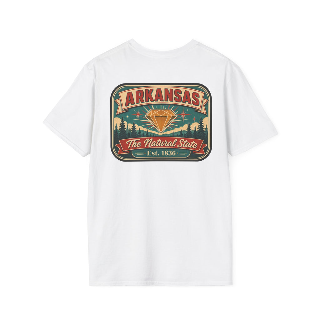Crewneck T-shirt in white with Arkansas “Natural State” badge graphic