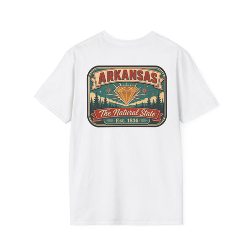 Crewneck T-shirt in white with Arkansas “Natural State” badge graphic