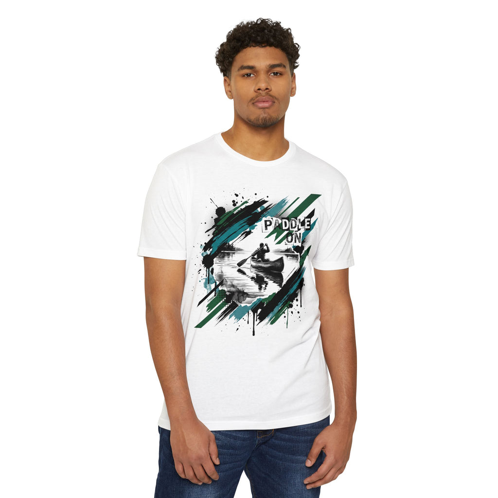 White unisex T-shirt with kayaking graphic and paddle-on text