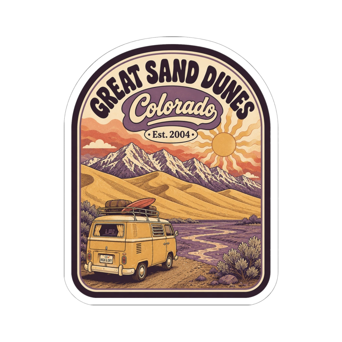 Great Sand Dunes Colorado sticker artwork featuring a yellow camper van on desert road