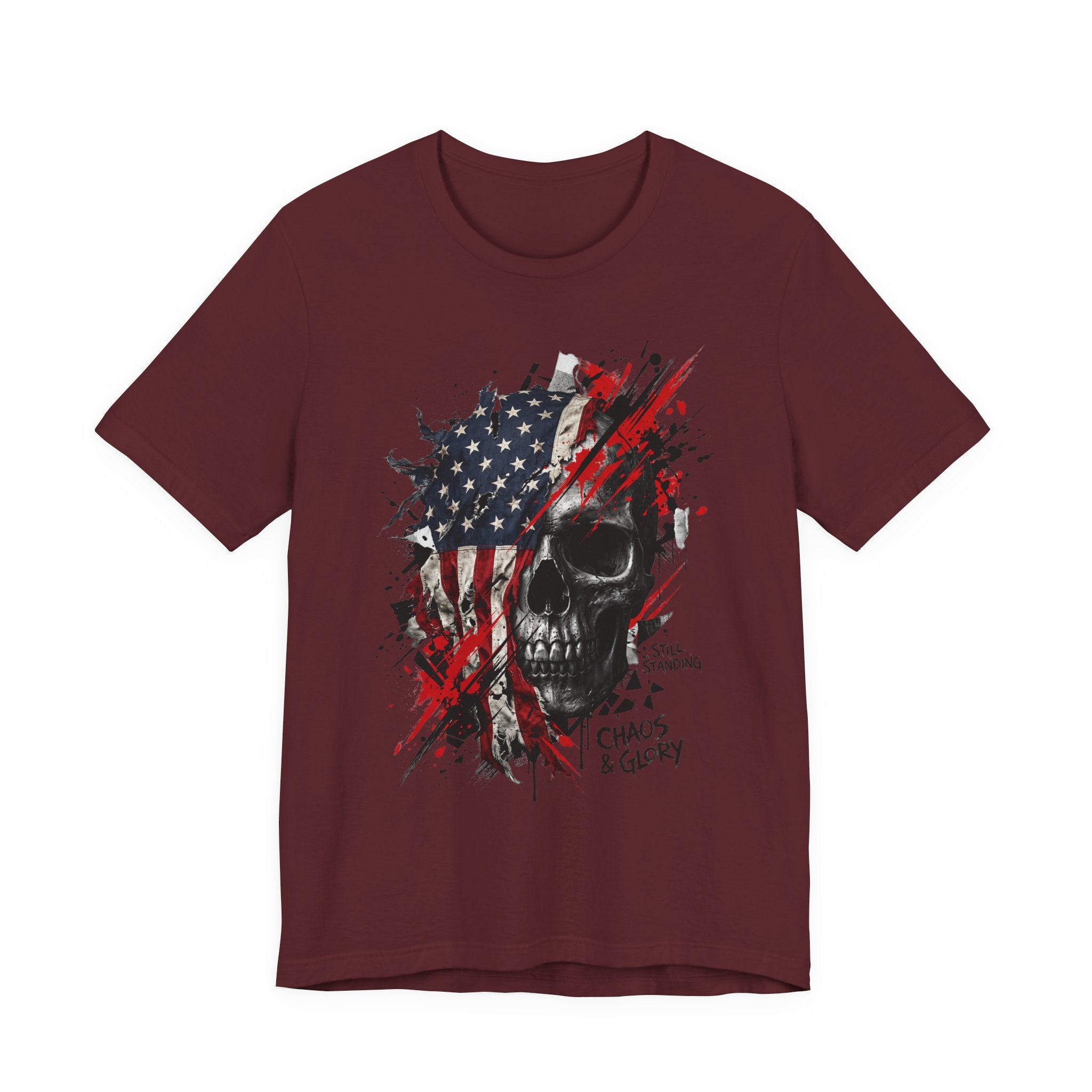 Burgundy crewneck T-shirt with skull and American flag graphic on the chest