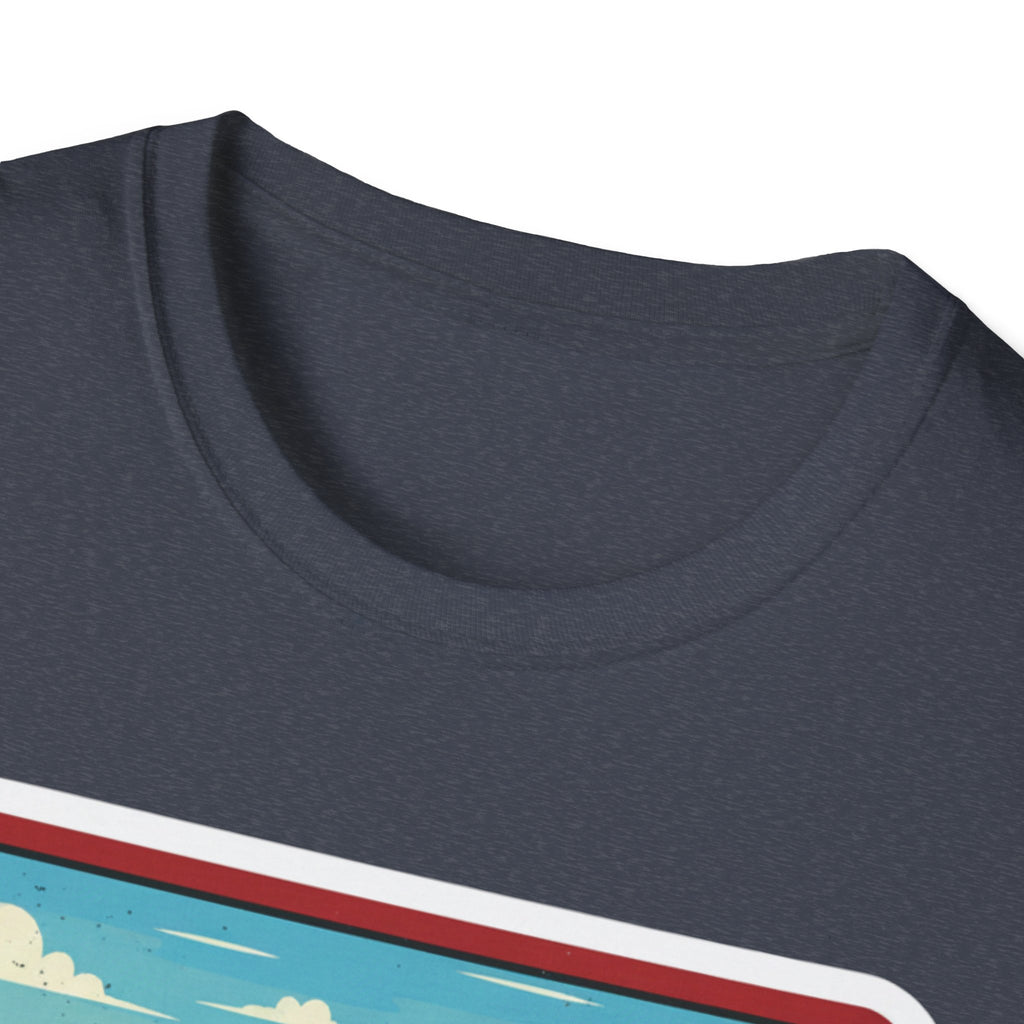 I Am Arkansas T-shirt heather blue close-up of graphic stripe near neckline