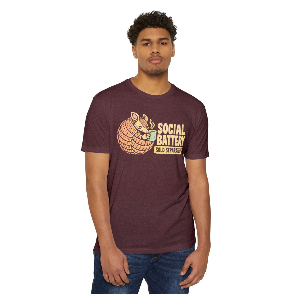 Burgundy crew-neck t-shirt with armadillo “Social Battery” graphic on the chest