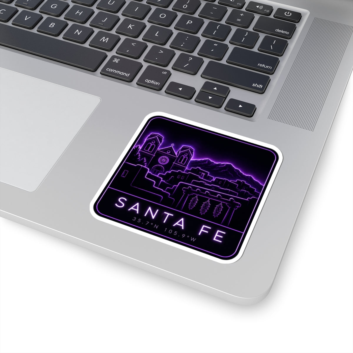 Santa Fe neon skyline kiss-cut sticker with purple border and SANTA FE lettering